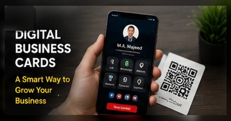 Small business owner sharing a digital business card with customers