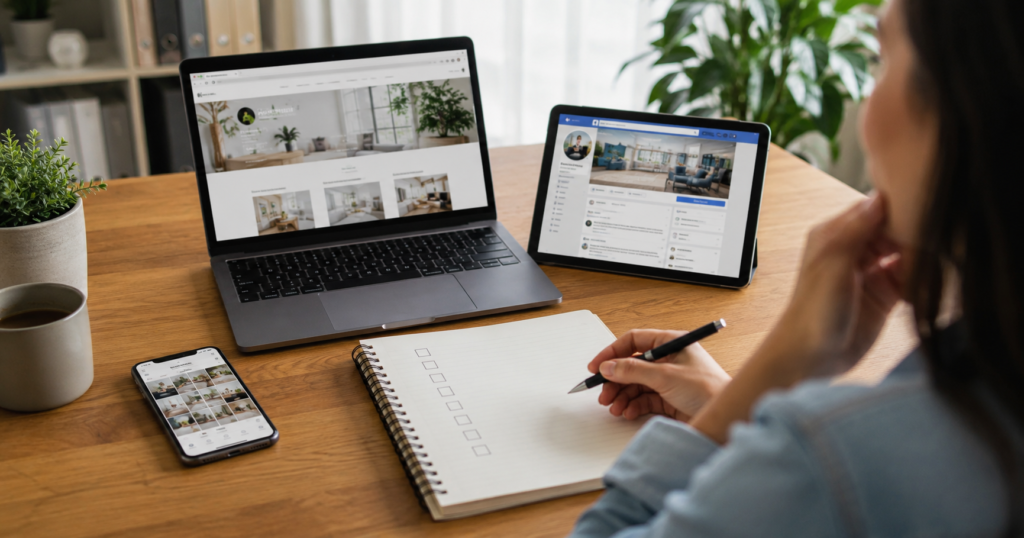 Small business owner comparing a professional website with a Facebook business page