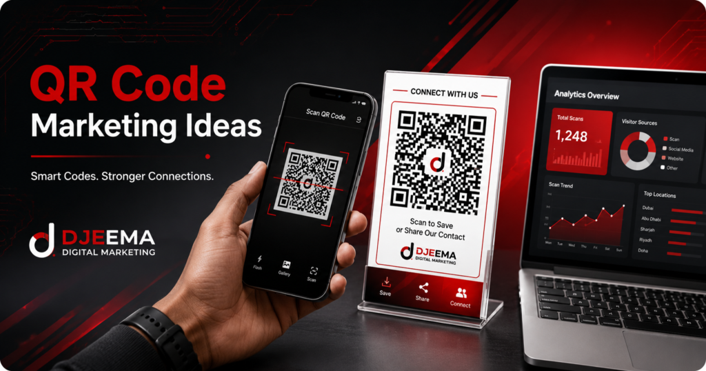 QR code marketing ideas showing a customer scanning a business QR code with digital analytics
