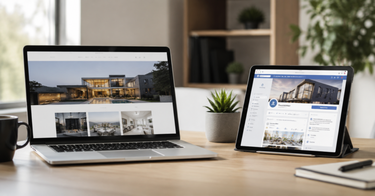 Business website vs Facebook page comparison displayed on laptop and tablet