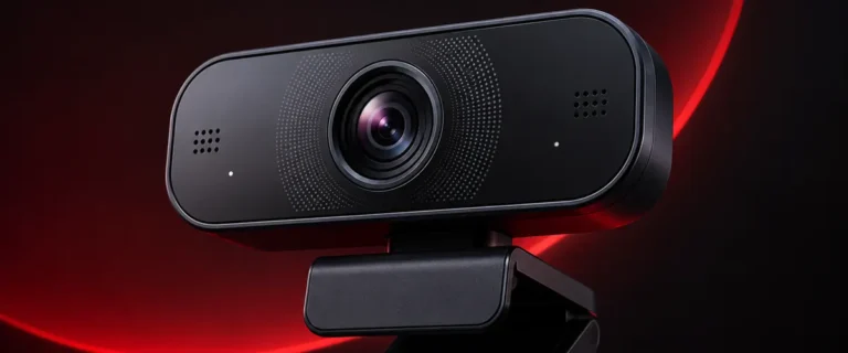 Professional video meeting setup with webcam laptop and office lighting